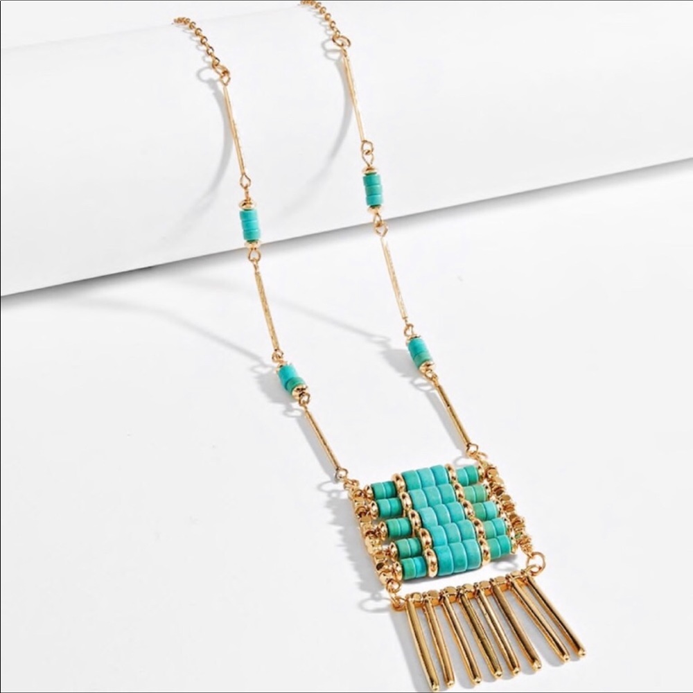 Gold Turquoise Boho Aztec Necklace - Picture 3 of 3